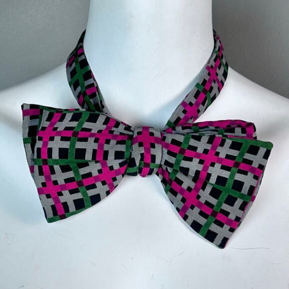 Yves Saint Laurent bowtie silk plaid YSL Pink Preppy Bold Cocktail‎ Party